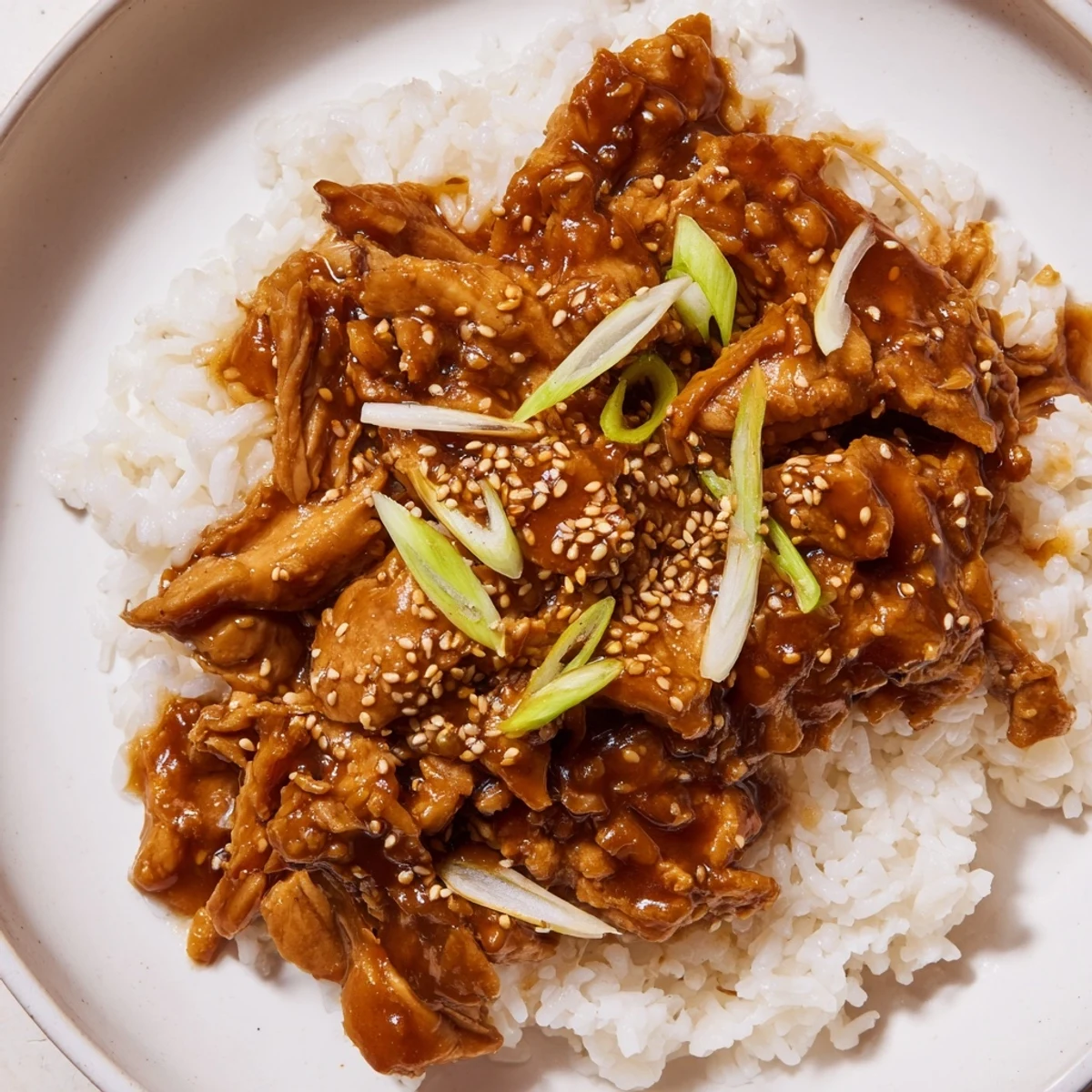 A close-up of savory Easy Slow Cooker Teriyaki Chicken, the rich sauce coating the chicken and rice beautifully.