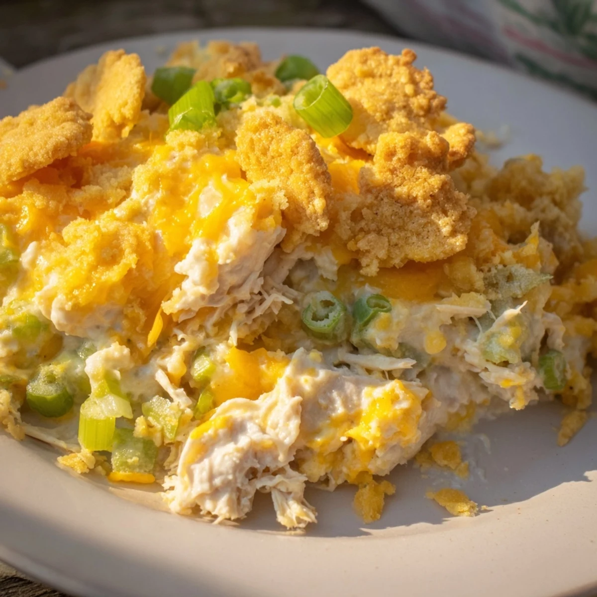 Golden-brown Neiman Marcus-Style Chicken Casserole with a buttery cracker topping, ready to serve.