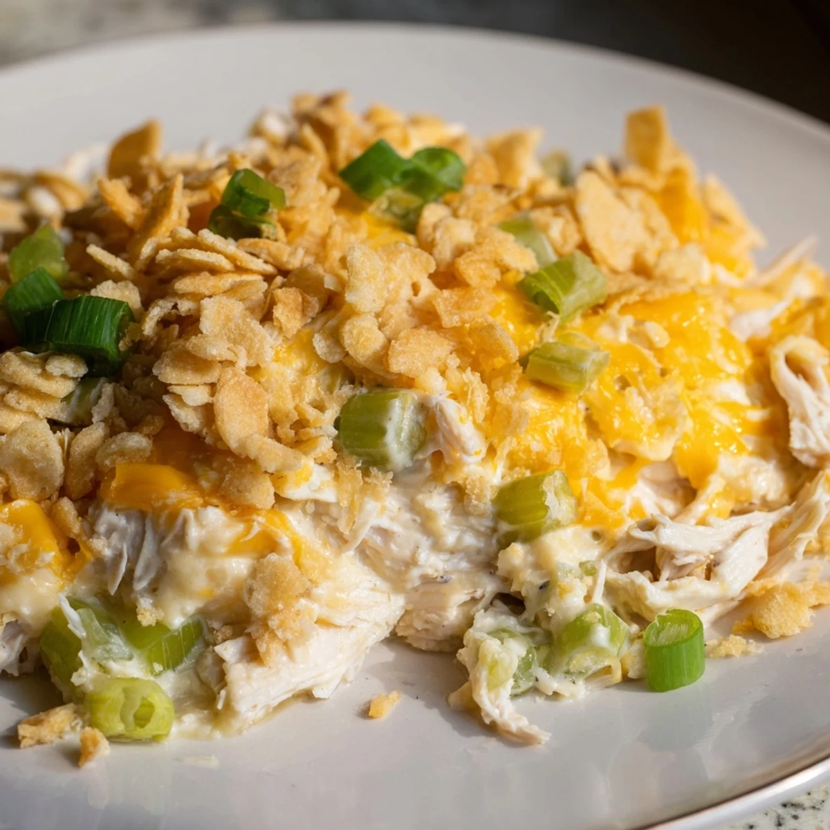 A bubbly, freshly baked Neiman Marcus-Style Chicken Casserole displaying the creamy chicken filling under a crispy layer.