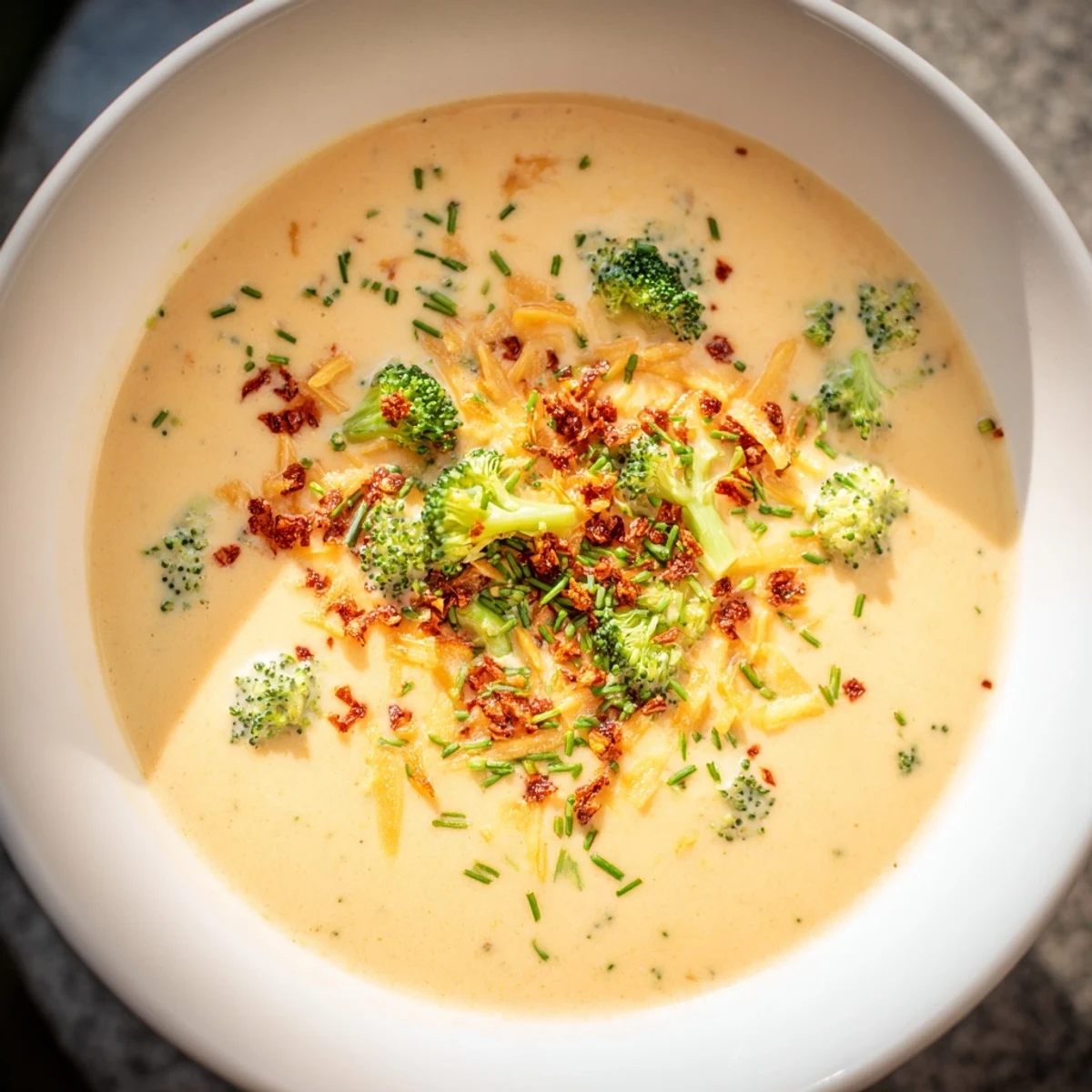 Creamy broccoli cheddar soup topped with vibrant red chili crunch, ready to enjoy.