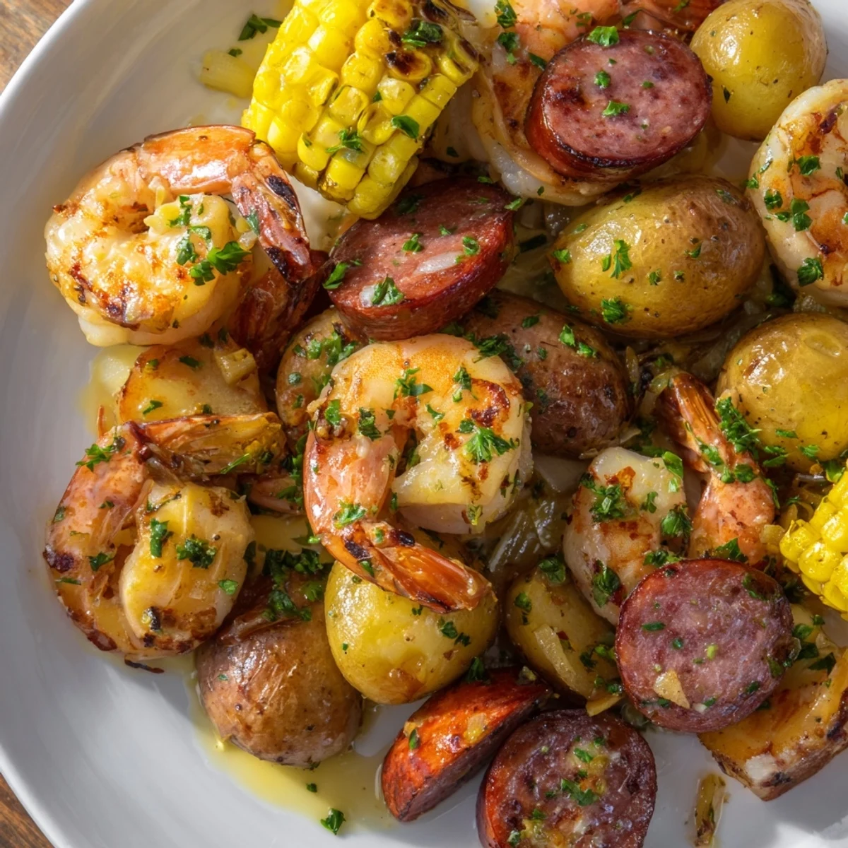 Golden sear on the NYE Sheet Pan Shrimp Boil with plump shrimp, roasted veggies, and lemon butter.