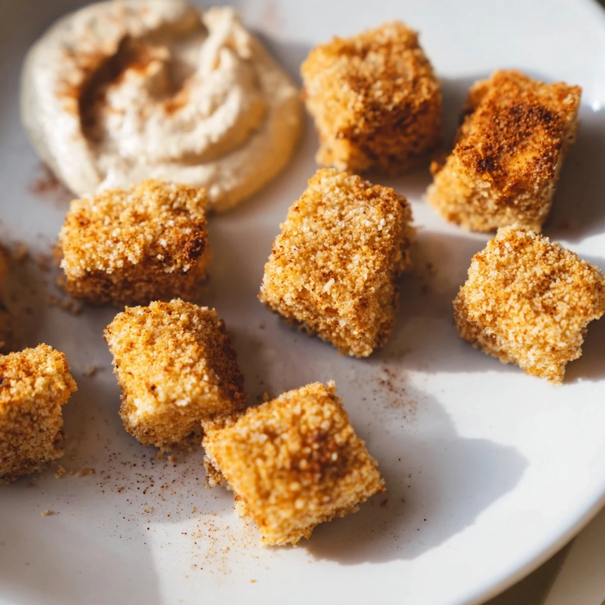 Golden, crispy tofu nuggets served with a creamy holiday spice dip, perfect for gatherings.
