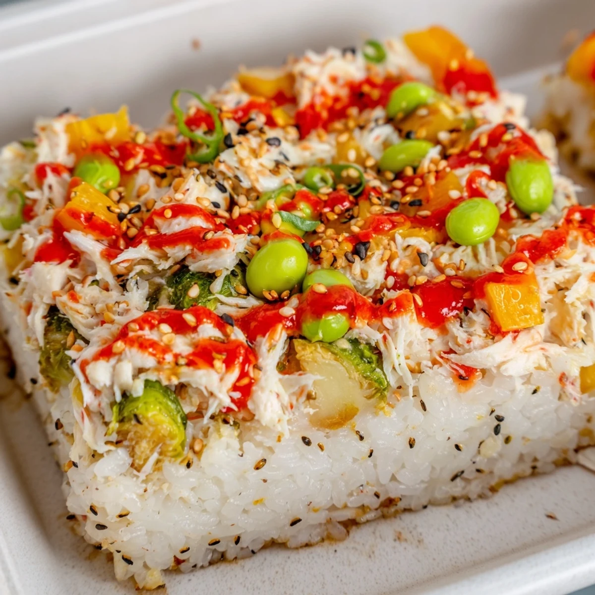 This delicious sushi bake showcases layers of seasoned rice, crab filling, and beautiful holiday veggies.