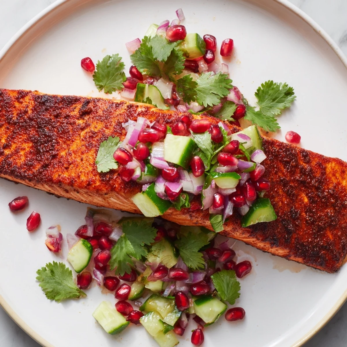 Cajun Spiced Salmon glistening, topped with vibrant pomegranate salsa ready to enjoy.