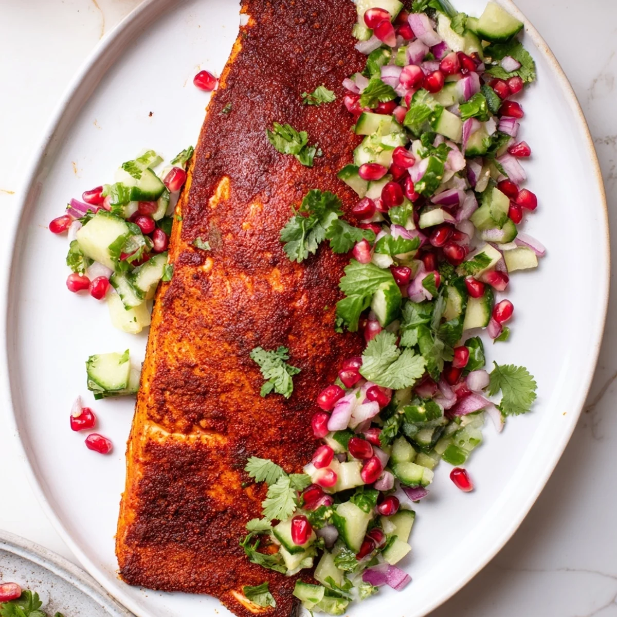 Perfectly cooked Cajun Spiced Salmon with a colorful salsa, lime wedges offer a zesty finish.