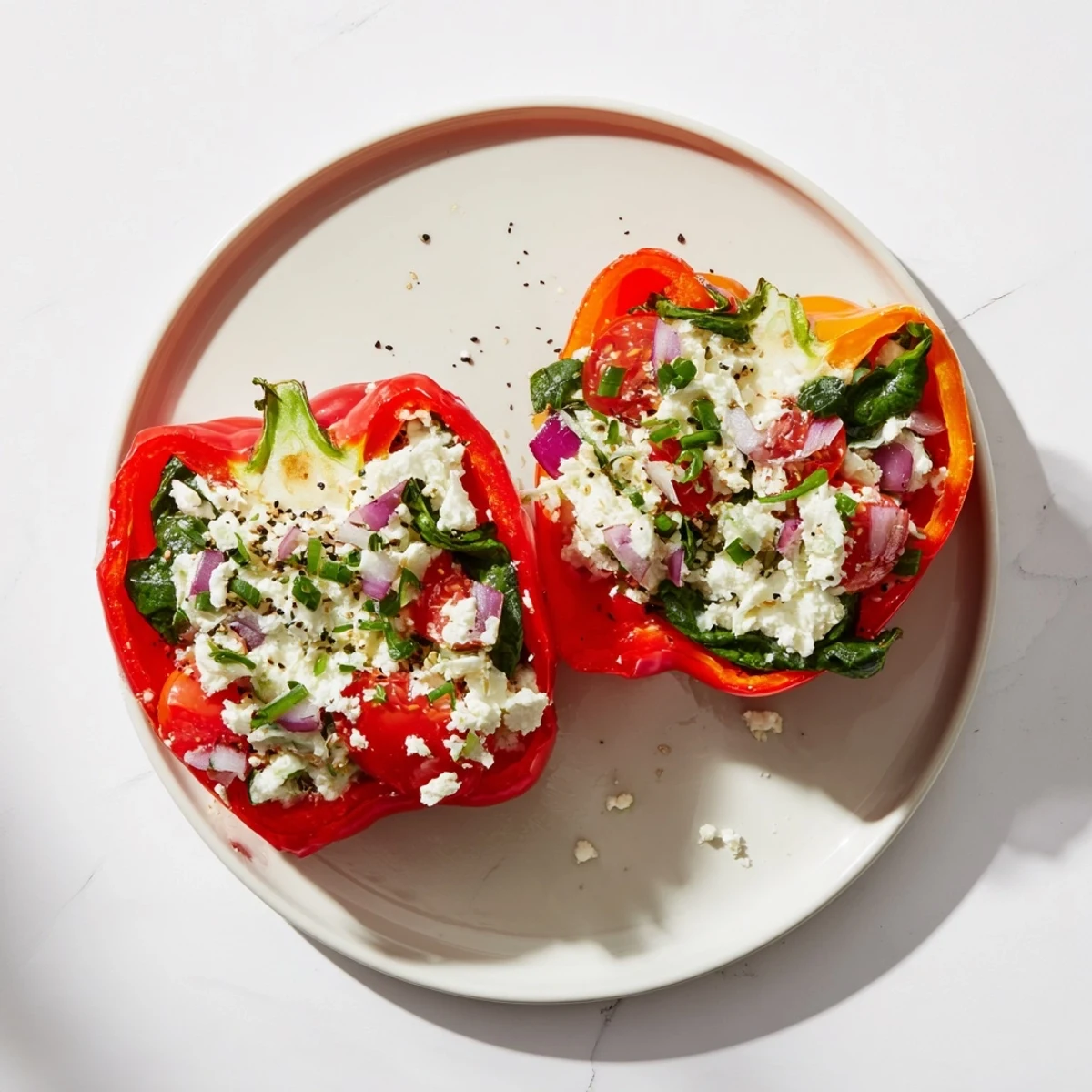 Golden Cottage Cheese Stuffed Bell Peppers, bursting with colorful veggies and savory everything bagel seasoning.