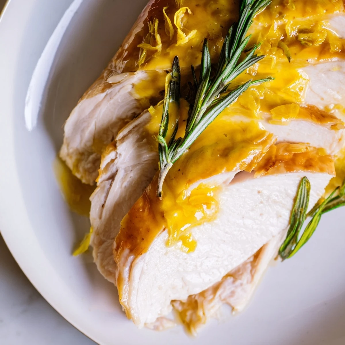 Juicy slices of Limoncello-Glazed Roast Turkey Breast, a flavorful and zesty main course option.