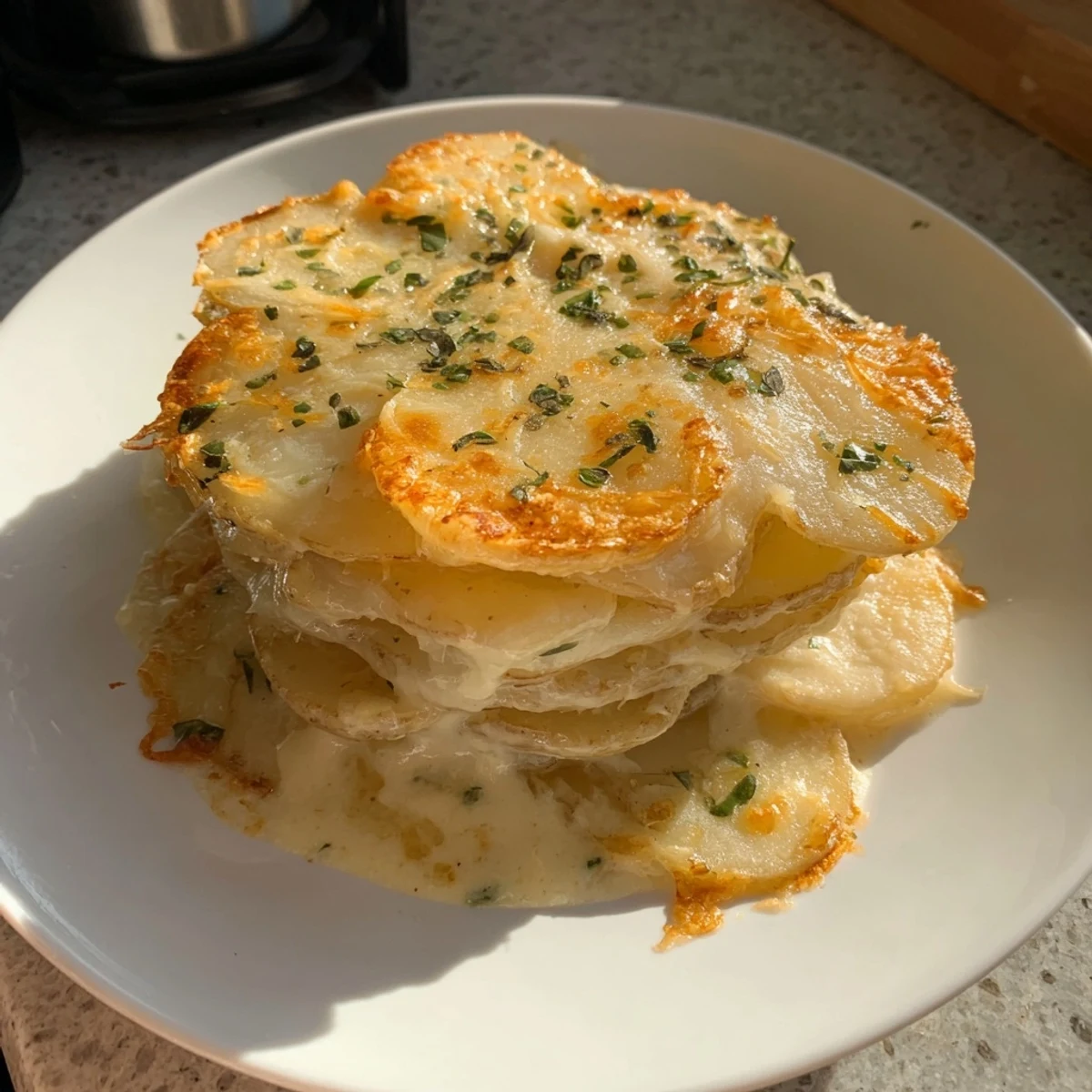 A warm dish of kombu-infused creamy potato gratin, showing tender potato slices swimming in flavorful sauce.