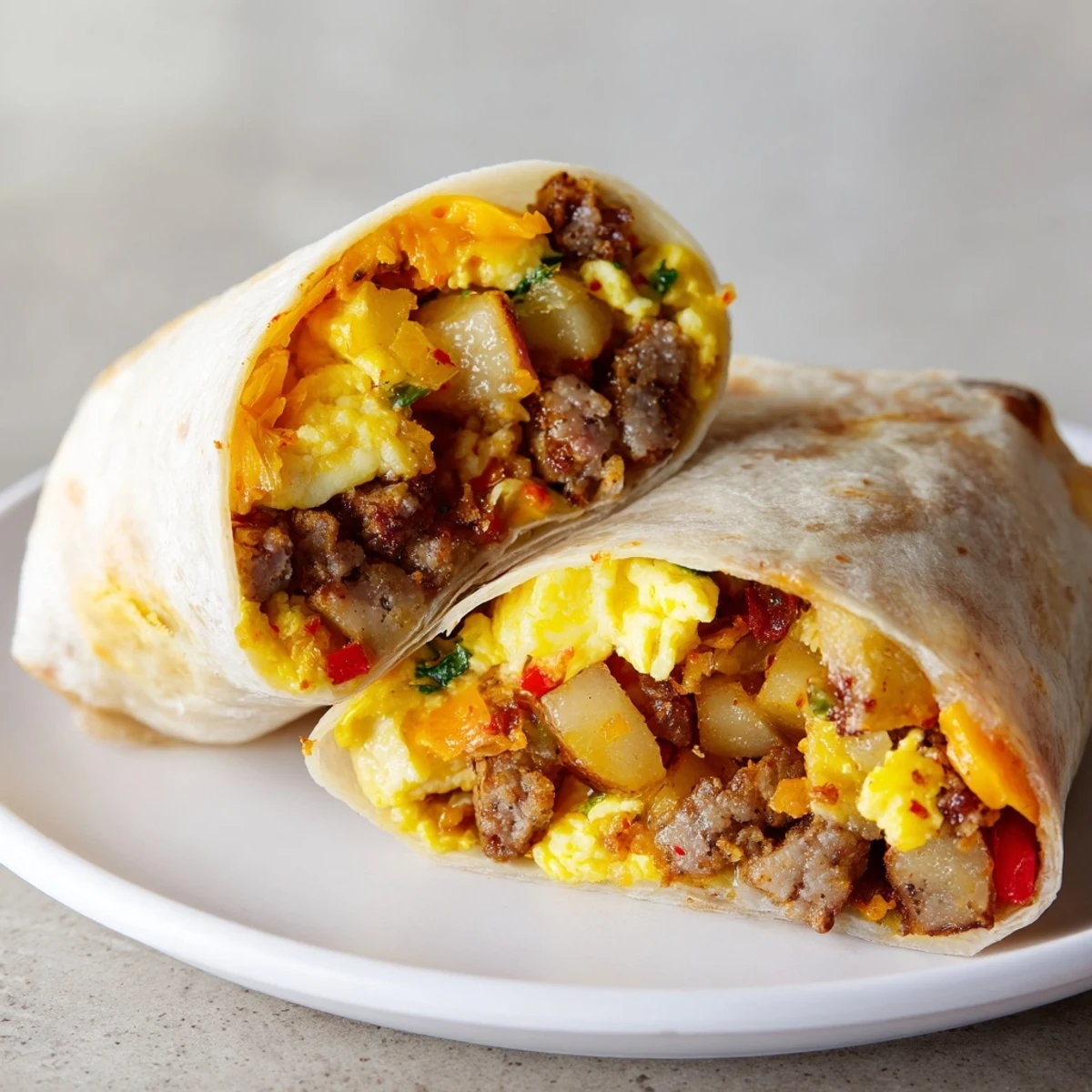 Fluffy Christmas Breakfast Burritos with Kimchi, filled with savory sausage, cheesy eggs, and flavorful kimchi.