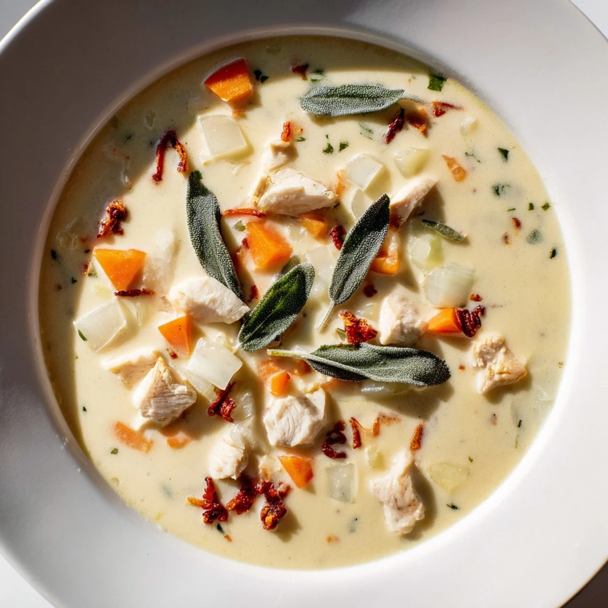 Marry Me Chicken Soup with crispy sage, a creamy, golden soup with visible sun-dried tomatoes and parmesan.