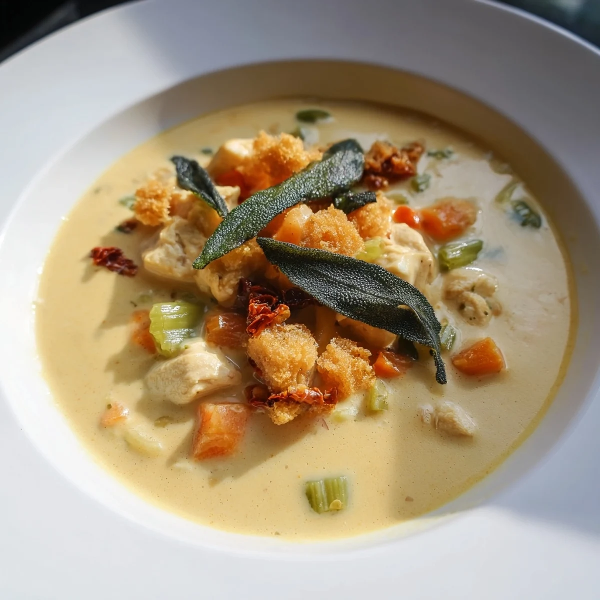 A warm bowl of Marry Me Chicken Soup, garnished with crispy sage leaves and extra parmesan cheese.