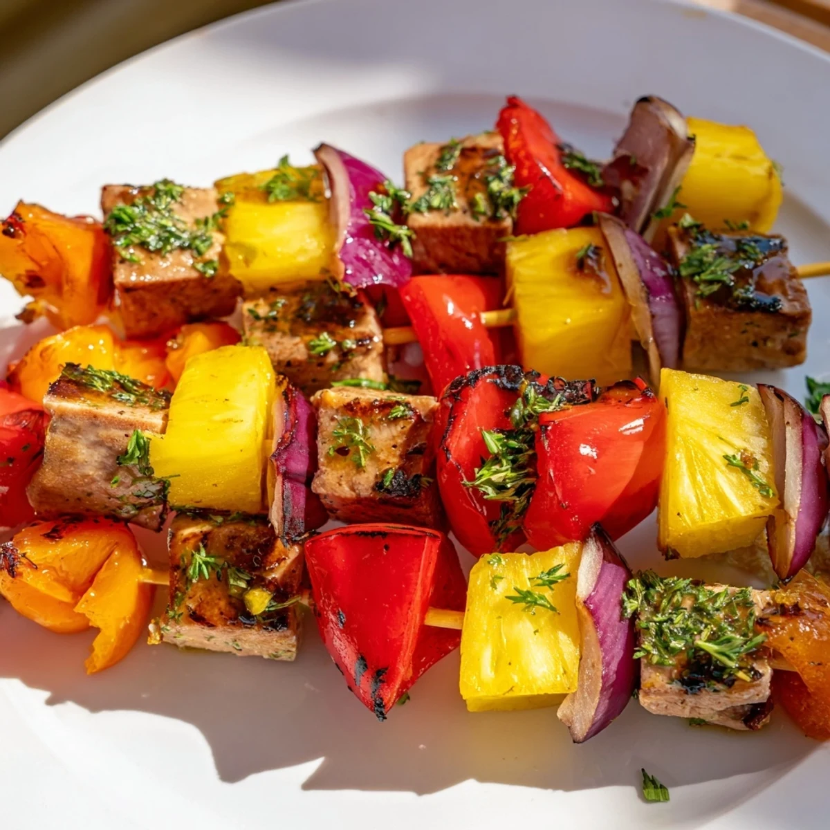 Savory Fruit Turkey Skewers gleaming with herby maple glaze offer a delightful grilled summer experience.