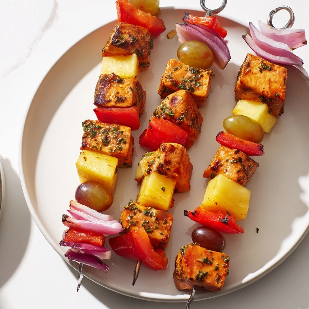 Vibrant skewers of the Savory Fruit Turkey, glistening from a herby glaze, are ready for delicious feasting.
