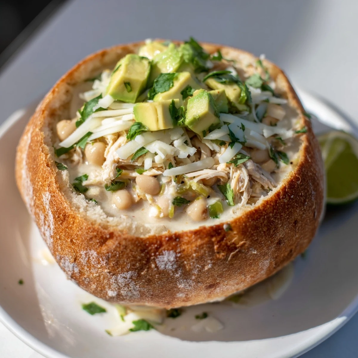Steaming hot white chicken chili served in a crispy sourdough bread bowl on a rustic wooden table.