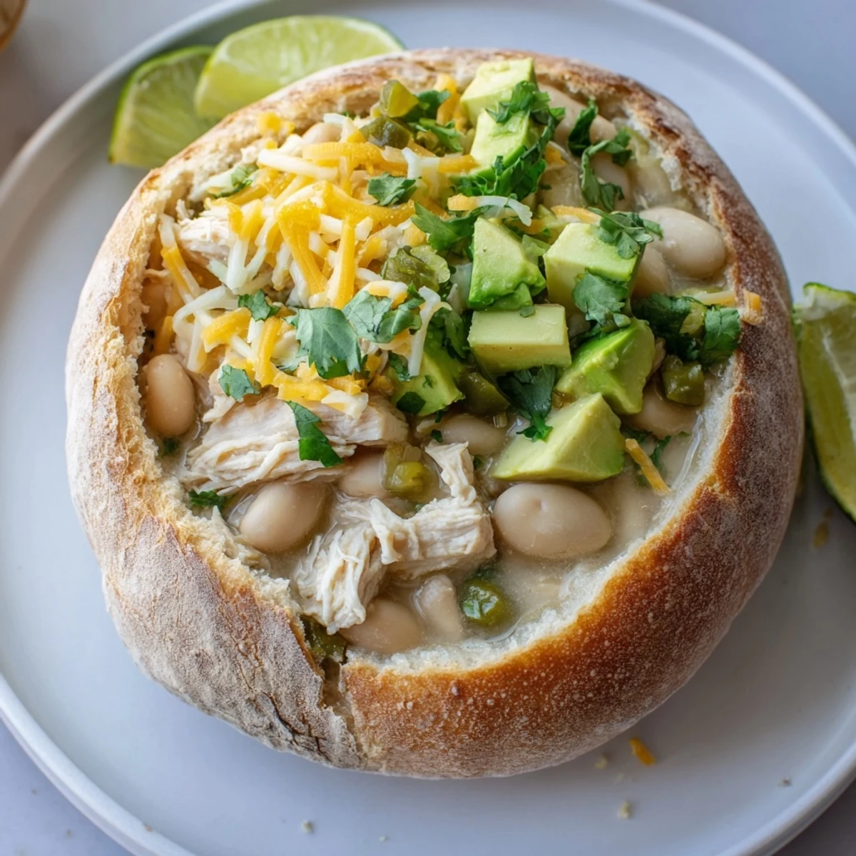 Hearty, creamy white chicken chili recipe, overflowing from a golden-brown sourdough bread bowl for dinner.