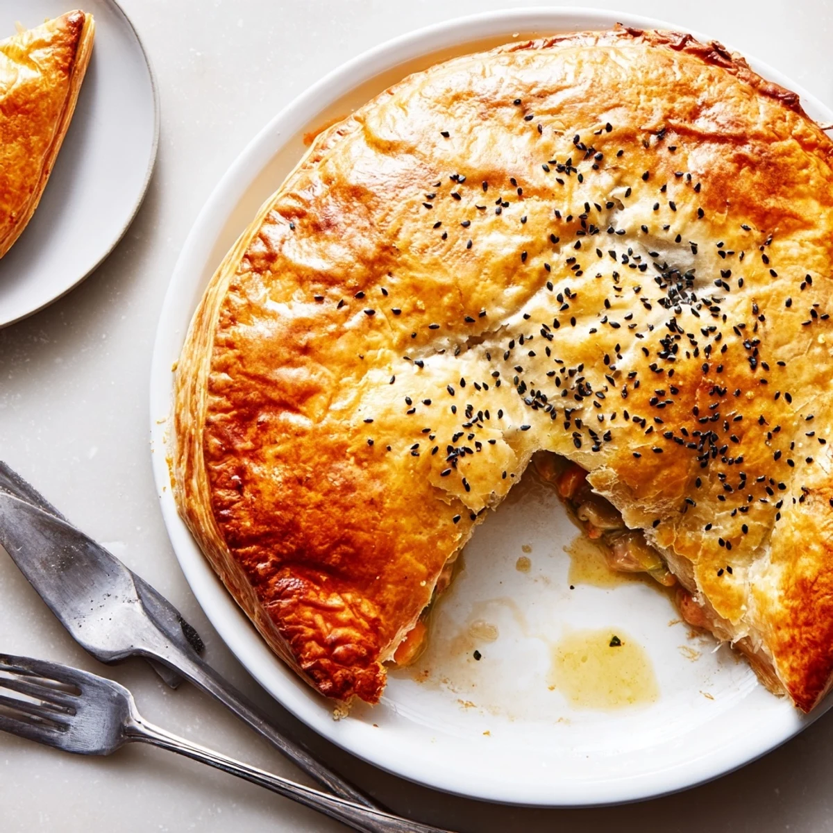 Golden-crusted Japanese-Inspired Chicken Pot Pie with visible flaky layers, steam rising off the savory filling.