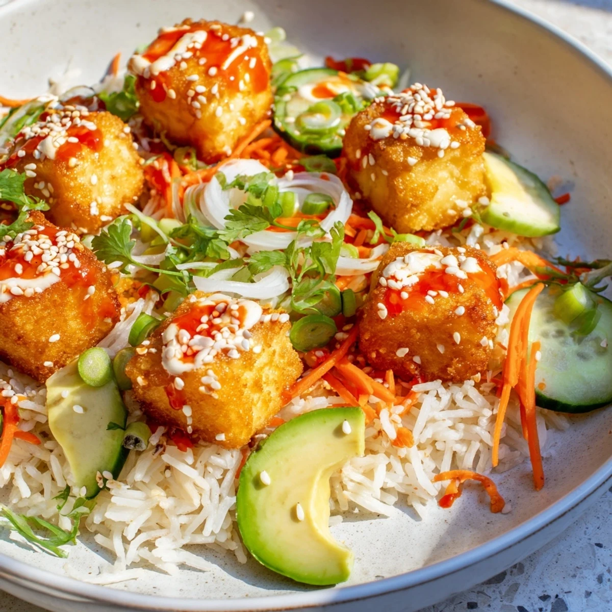 Golden, crispy chili-mayo baked tofu bowls, served atop fluffy rice with fresh, colorful vegetables.