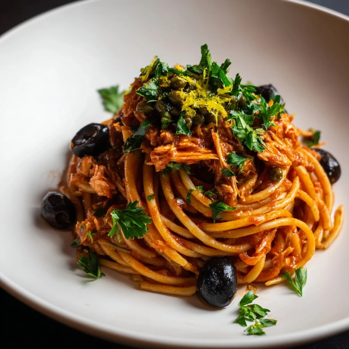 Pasta with Tuna, Olives & Capers: A close-up view of the finished flavorful pasta dish, ready to savor.