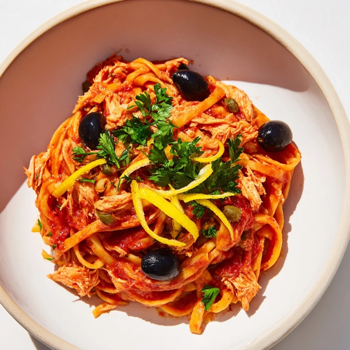 This Pasta with Tuna, Olives & Capers boasts bright, juicy tomatoes and flaky tuna atop perfectly cooked spaghetti.