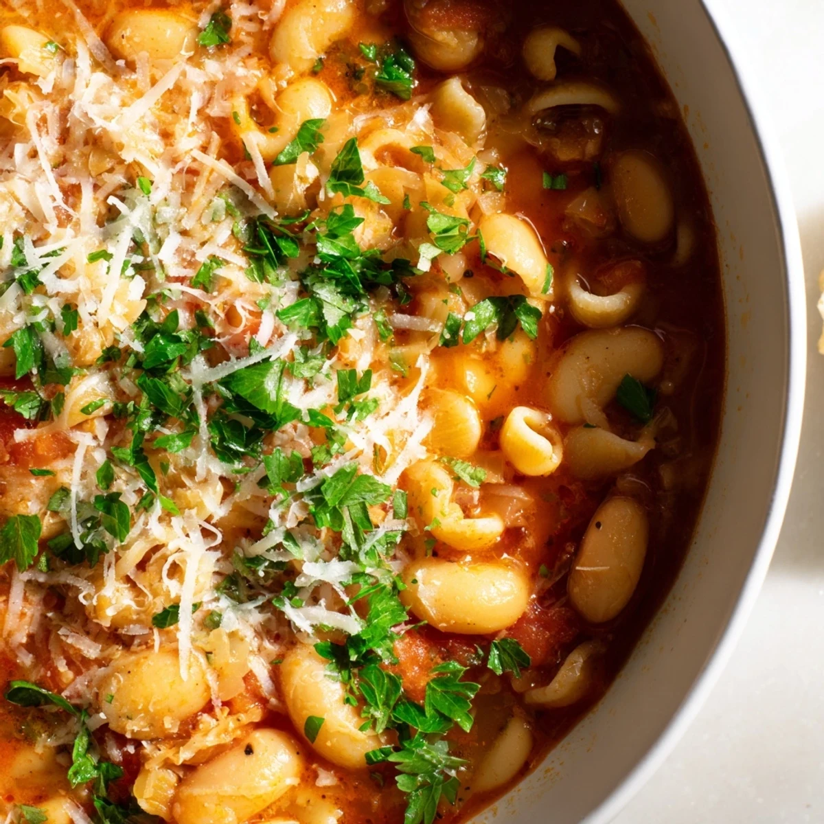Enjoy a warm and comforting bowl of Pasta e Fagioli soup, perfect for a cozy weeknight dinner.