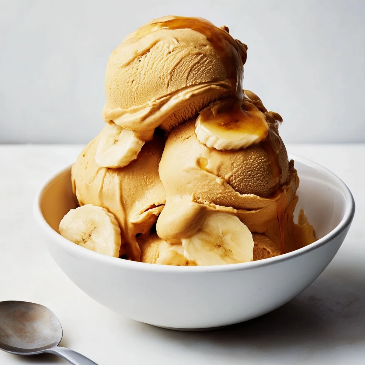 Creamy peanut butter banana ice cream swirls, a dairy-free dessert, served straight from the blender.