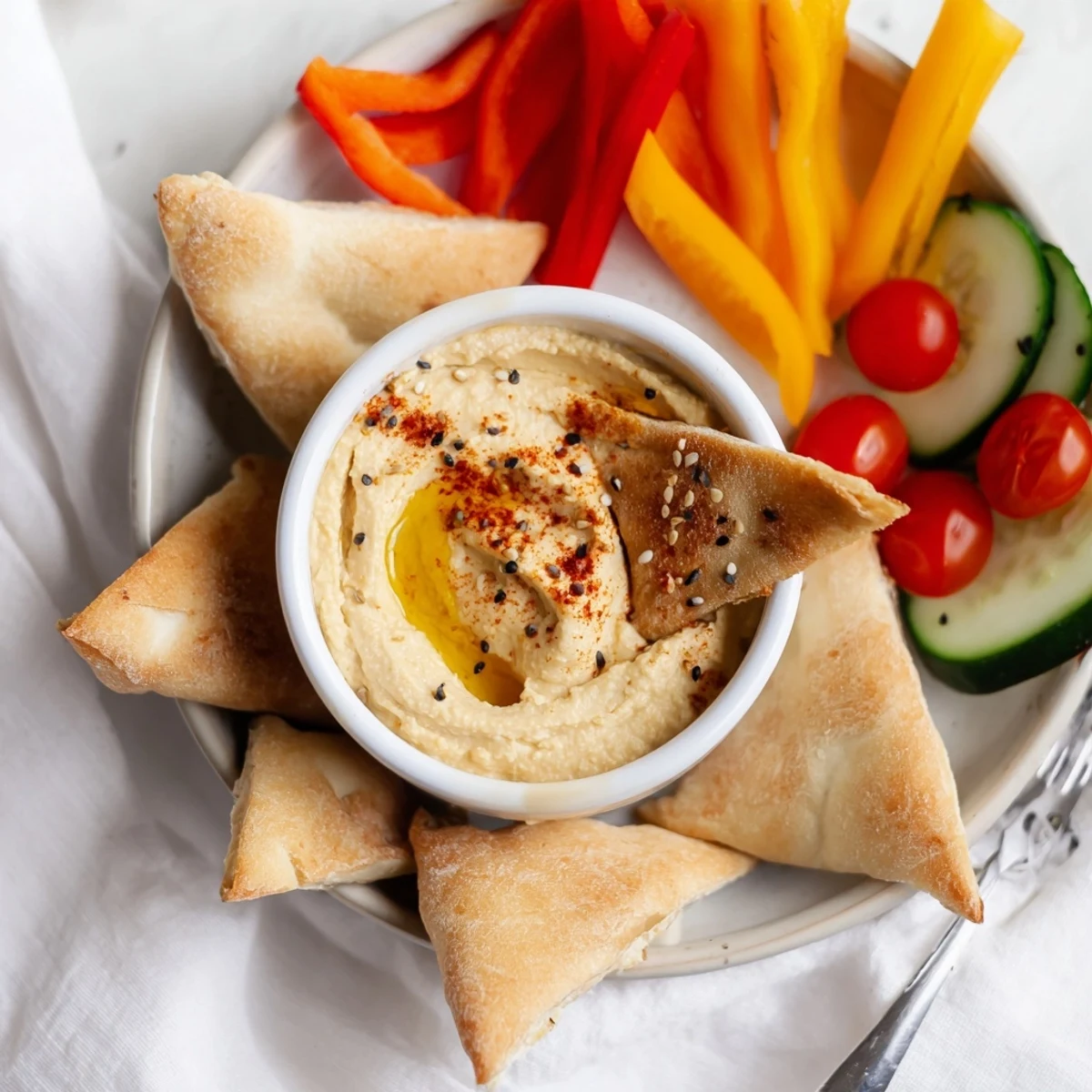 Creamy homemade hummus, surrounded by warm pita and colorful veggie sticks, perfect for dipping.