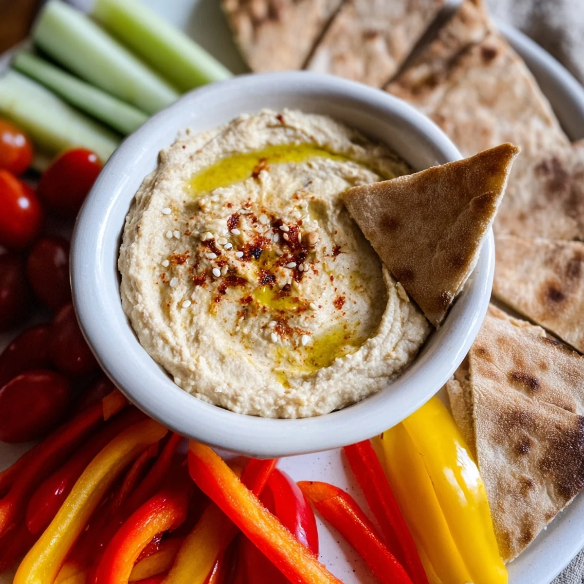 A close-up of a delightful Mediterranean appetizer: homemade pita bread alongside vibrant hummus and fresh veggie sticks. 