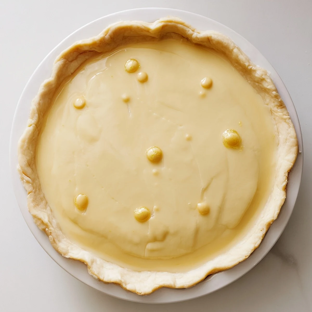 A golden-brown Water Pie glistens, ready to bake, showcasing its simple pantry-staple ingredients.
