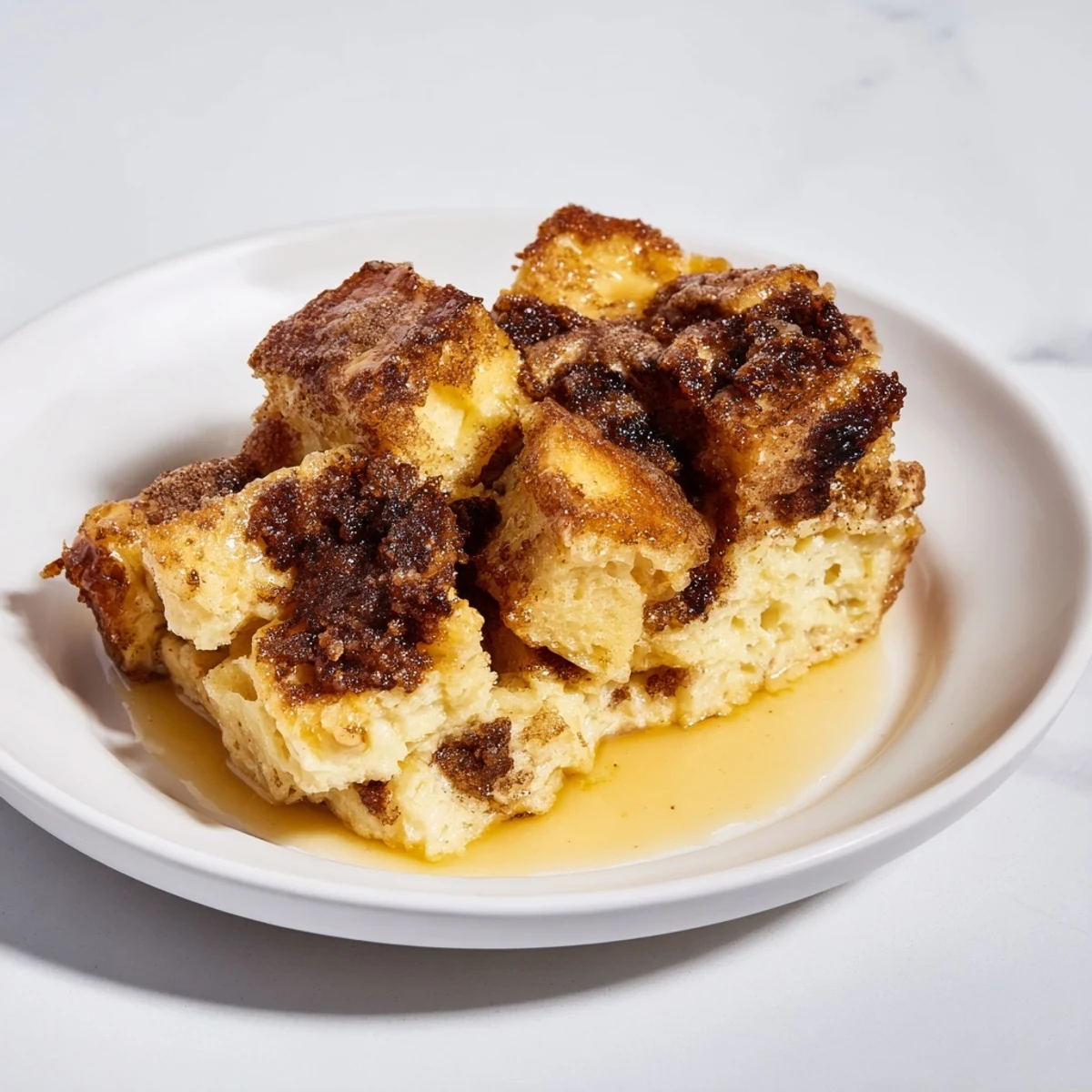 Sizzling close-up of a warm French Toast Bake, topped with cinnamon and ready to serve.