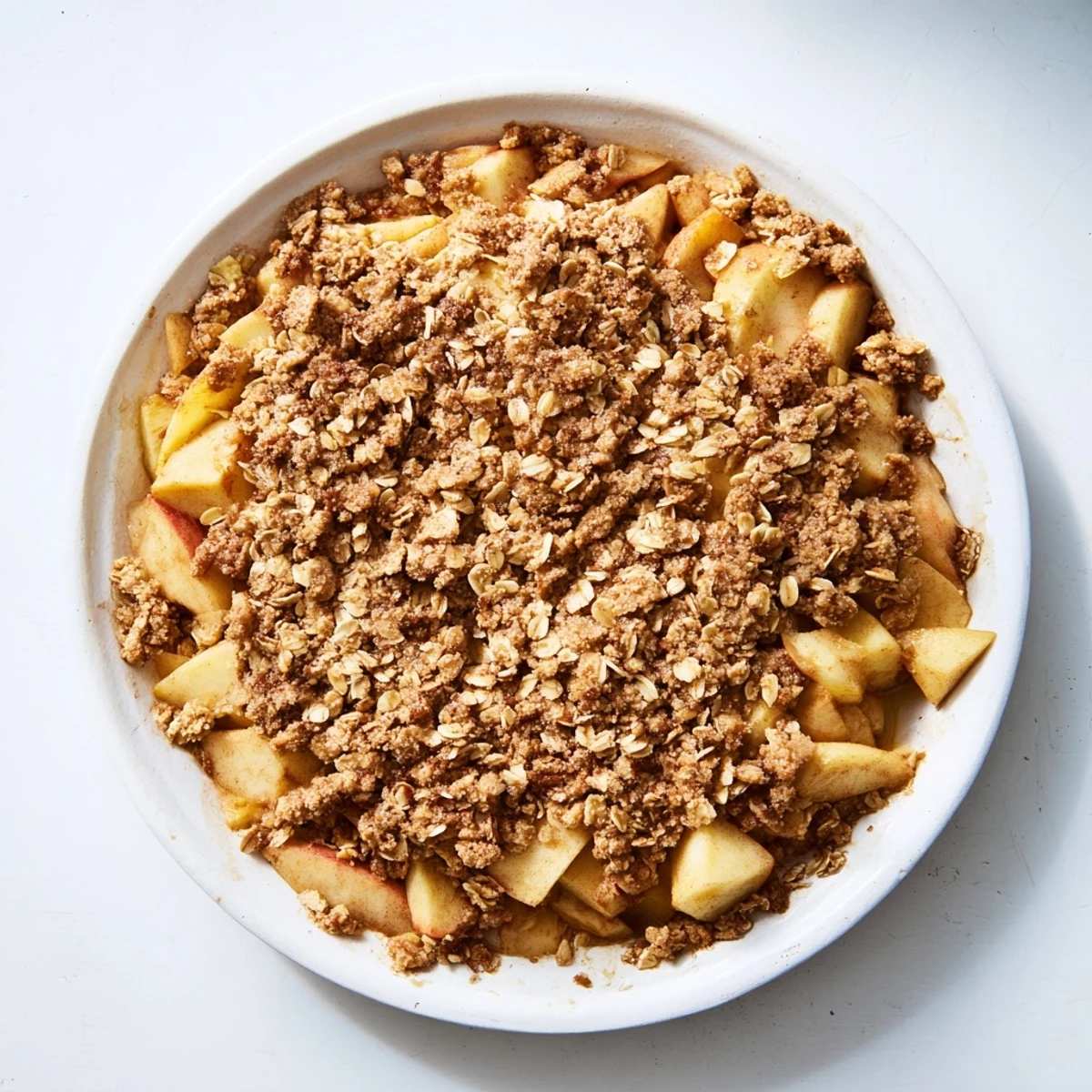 Golden-brown Apple Crisp with a bubbling fruit filling, ready for serving with vanilla ice cream.