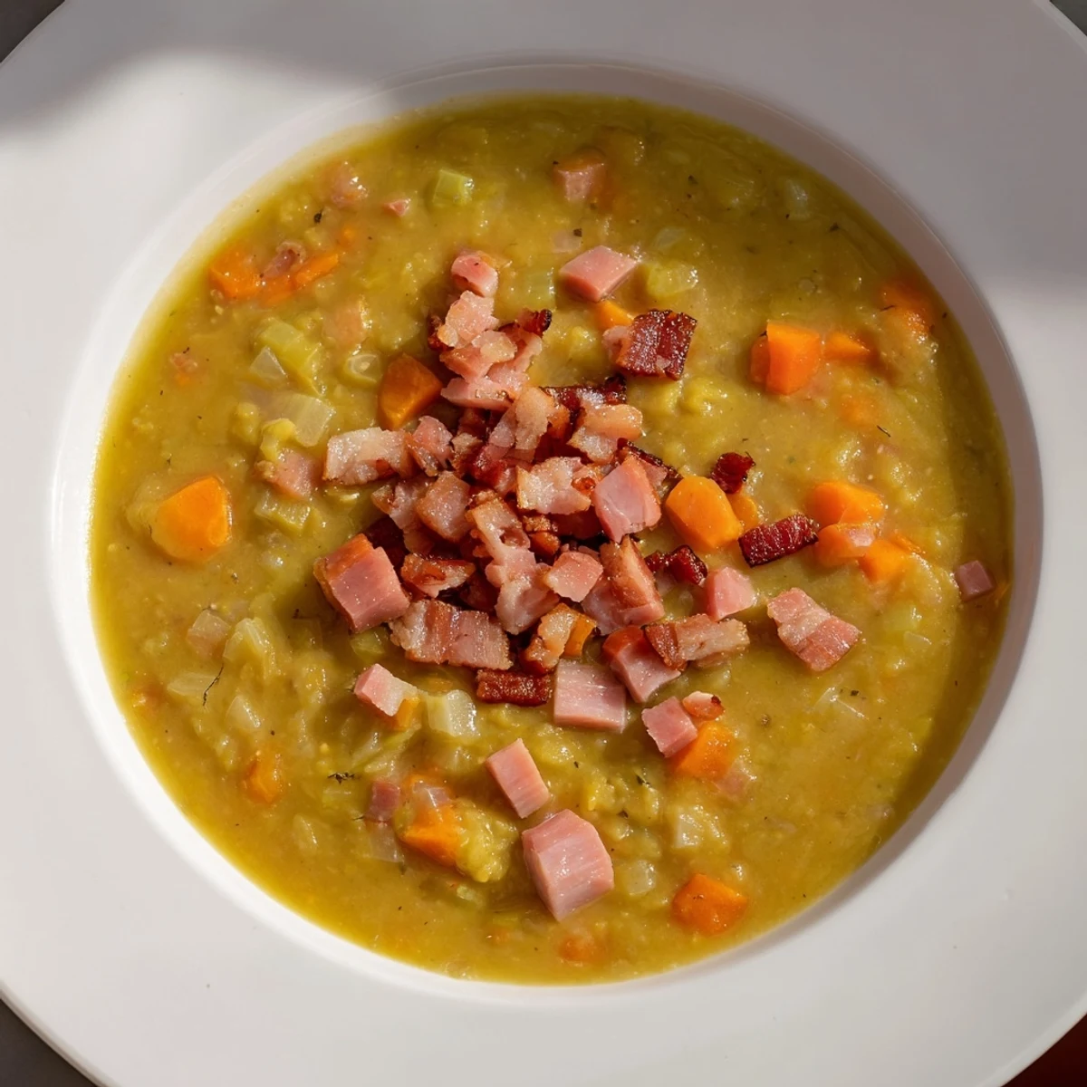 Steaming bowl of Split Pea Soup with rich bacon and ham, ready to serve with crusty bread.