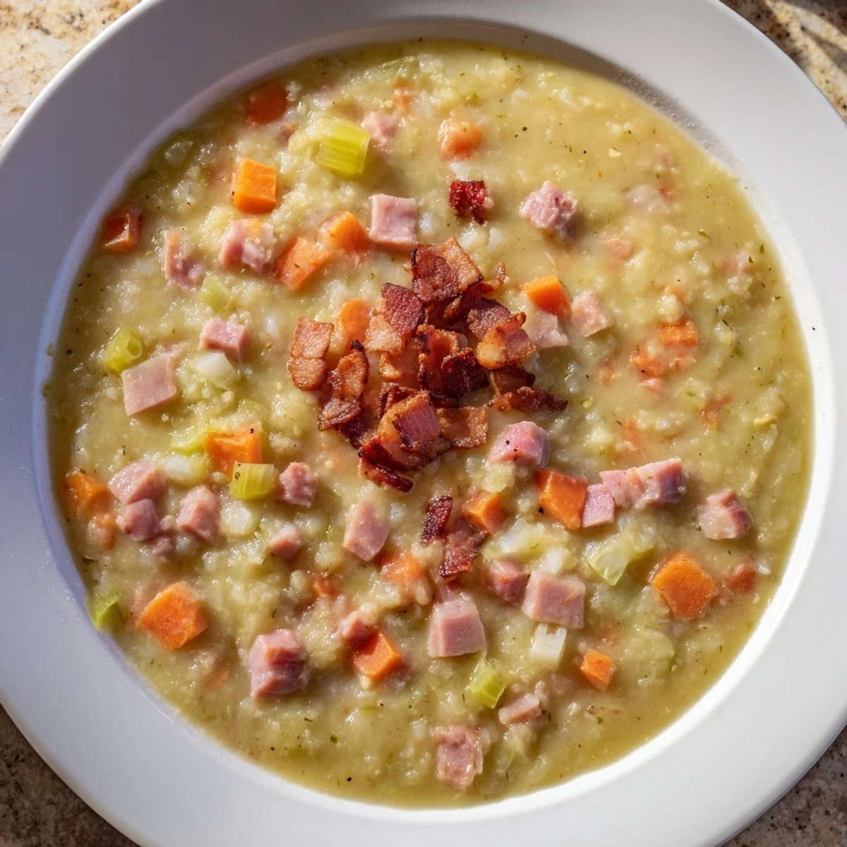 Savory Split Pea Soup showcasing a comforting bowl with smoky ham, perfect for a cold day.