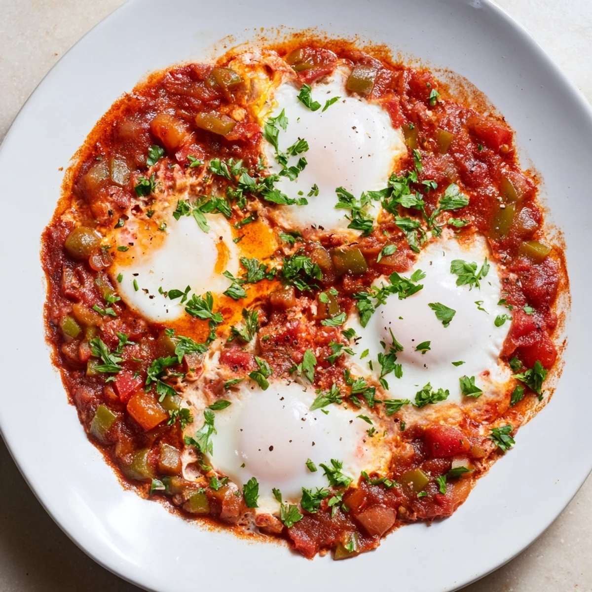 A skillet of vibrant shakshuka, the poached eggs nestled in a spicy tomato sauce.