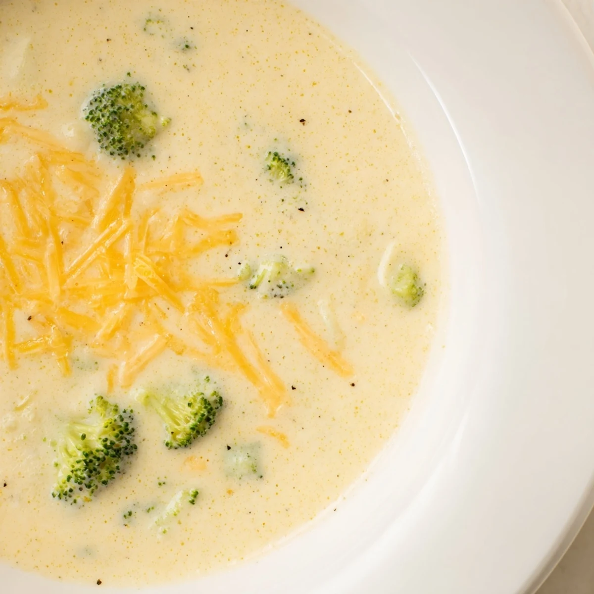 A steaming bowl of creamy Broccoli Cheese Soup, garnished with melted cheddar and black pepper.