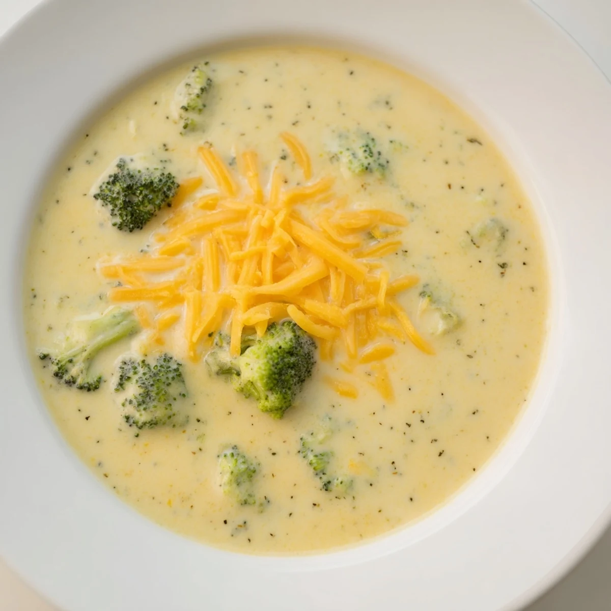 Close-up of golden, cheesy Broccoli Cheese Soup, a comforting American classic for dinner.