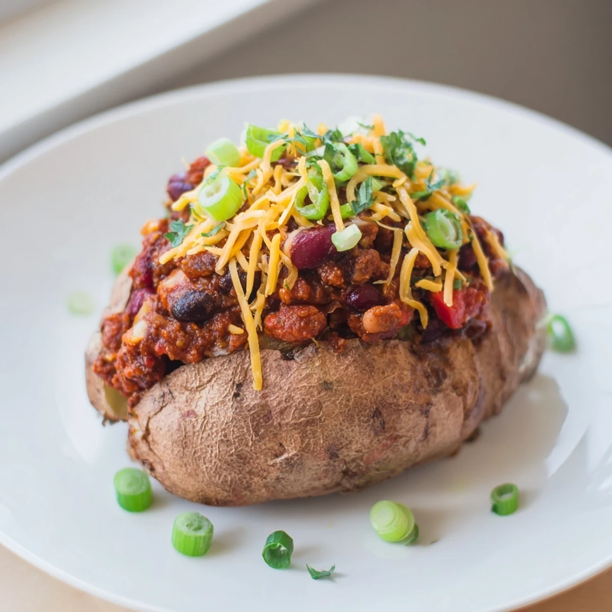 Steaming, flavorful Chili-Style Baked Potatoes overflowing with hearty bean chili, ready for toppings.