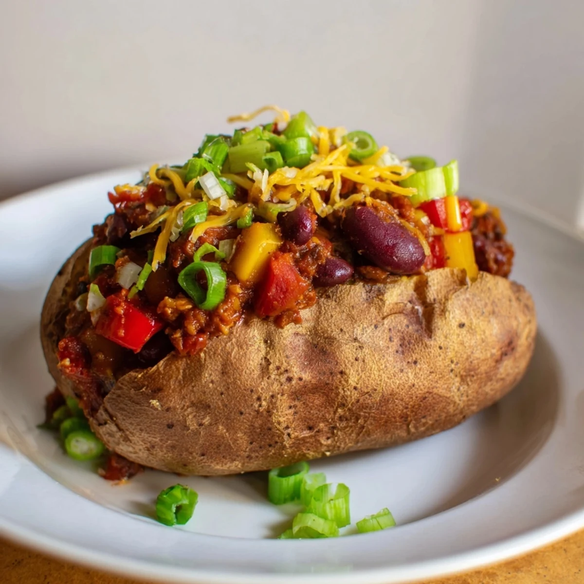 Enjoy a comforting plate of Chili-Style Baked Potatoes: a perfect vegetarian meal with a savory aroma.