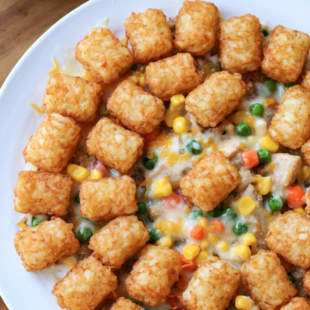 Golden-brown tater tots topping a creamy, savory Tater Tot Chicken Pot Pie, ready to enjoy.