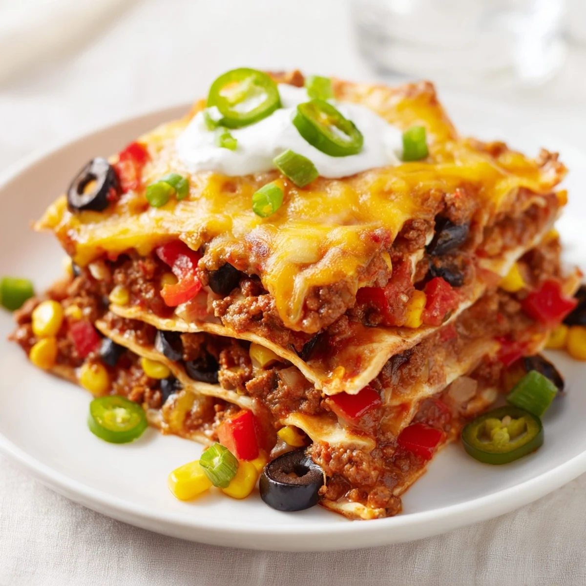 Golden-brown taco lasagna, layered with beef and cheese, ready and steaming hot for a dinner.