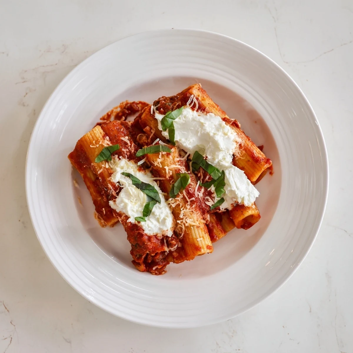 A bubbly, golden-brown One-Pan Baked Ziti, showcasing melted mozzarella cheese and simmering tomato sauce.