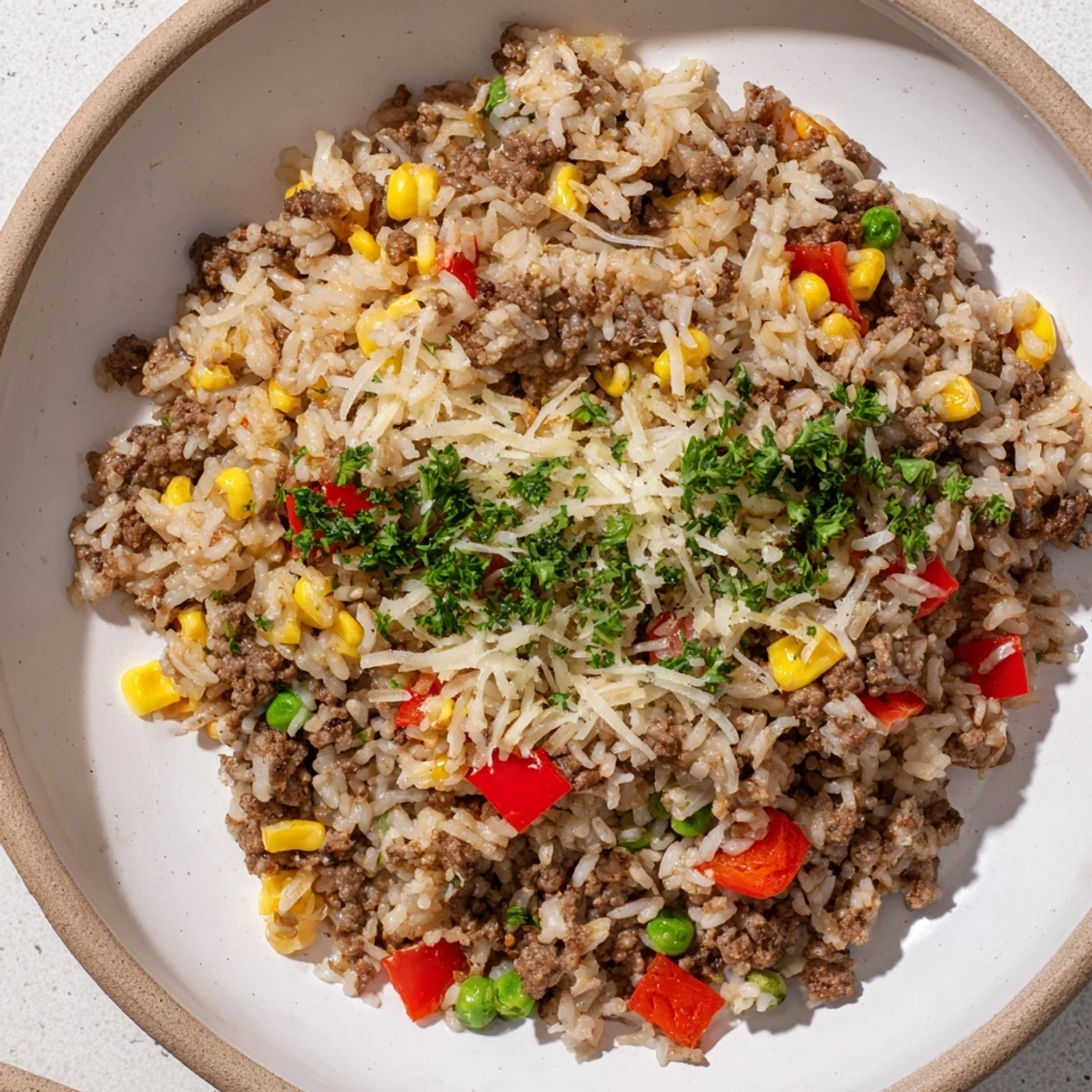 Ground Beef Skillet with Veggies & Rice, a flavorful one-pan meal with fluffy rice and colorful vegetables.