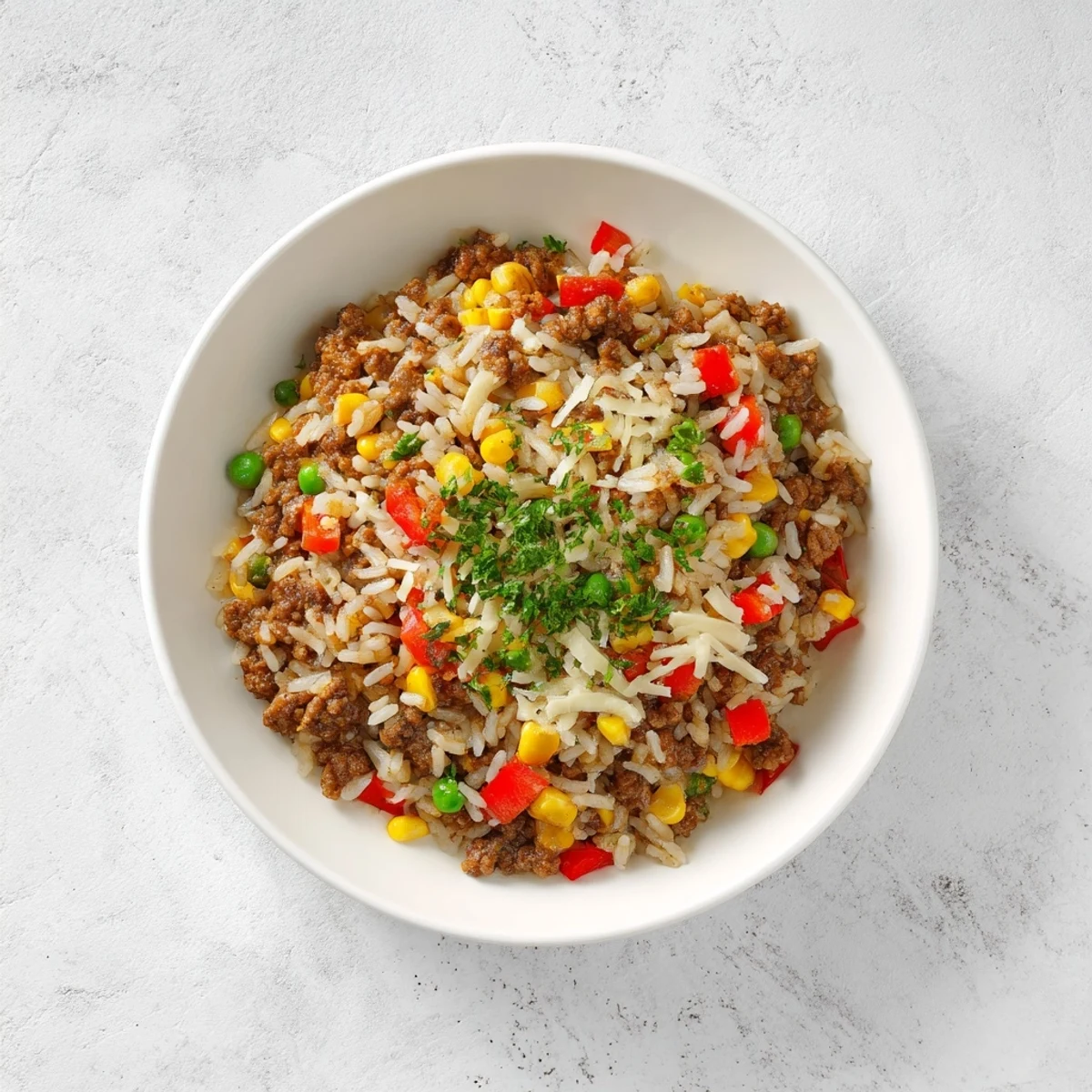 Steaming Ground Beef Skillet with Veggies & Rice, ready to serve with fresh herbs, smells delicious and savory.