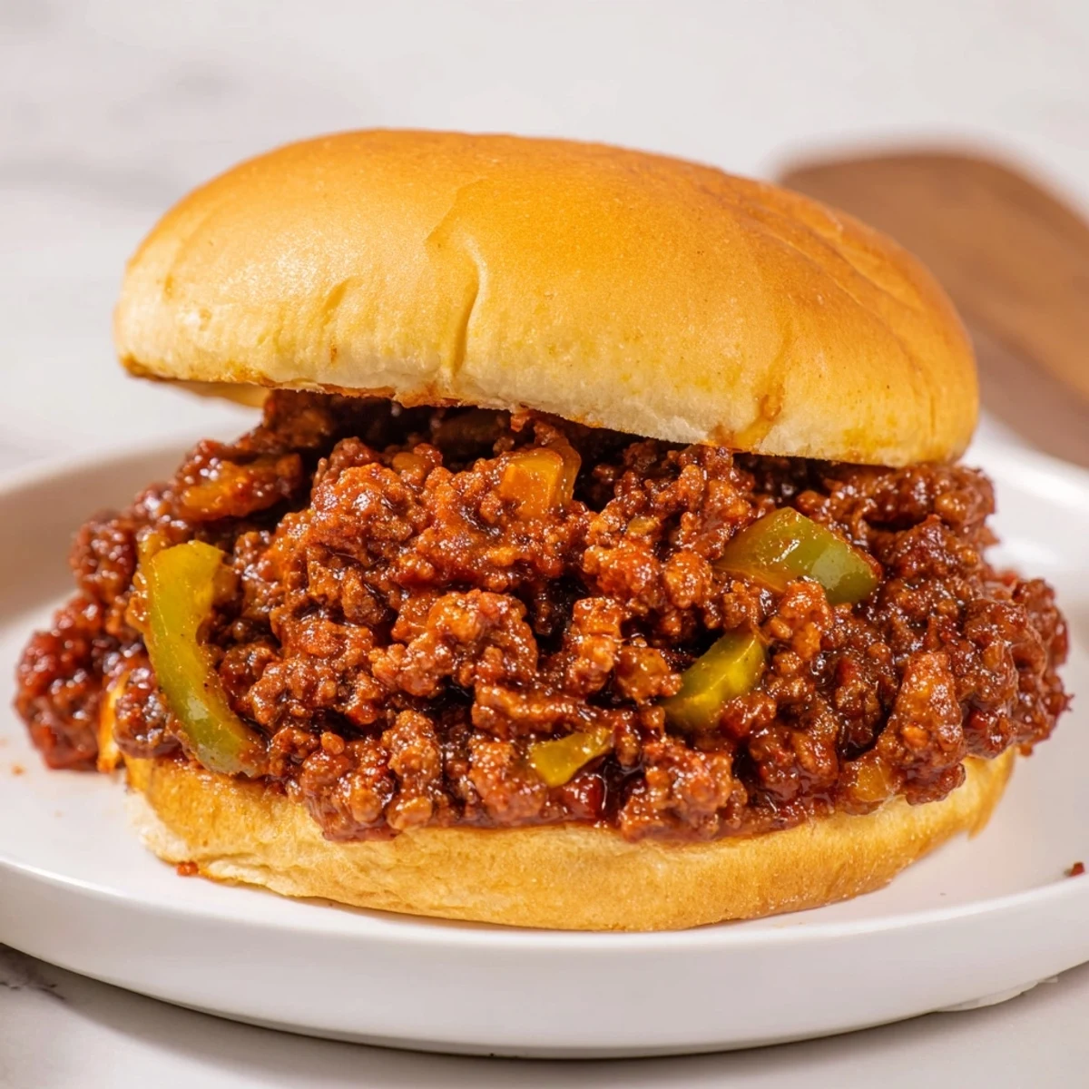 Sloppy Joes glistening with tangy sauce, served between toasted buns for classic American comfort.