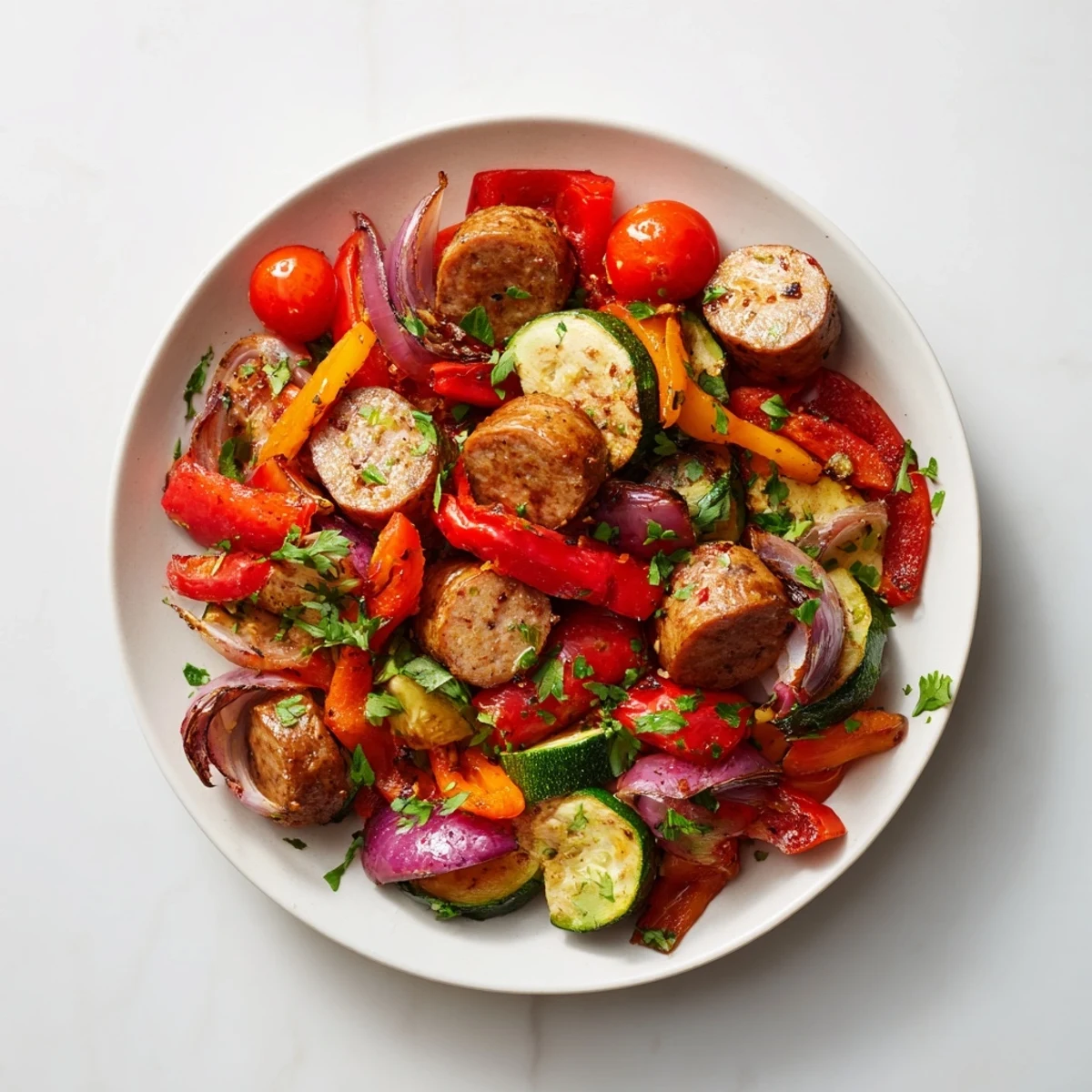 Savory sheet-pan roasted veggies & sausage, with fresh parsley and lemon wedges, ready to eat!