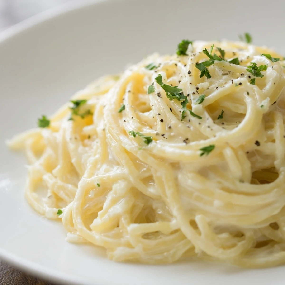 Creamy Three-Cheese Spaghetti, perfectly coated, looks unbelievably cheesy and ready to serve with parsley.