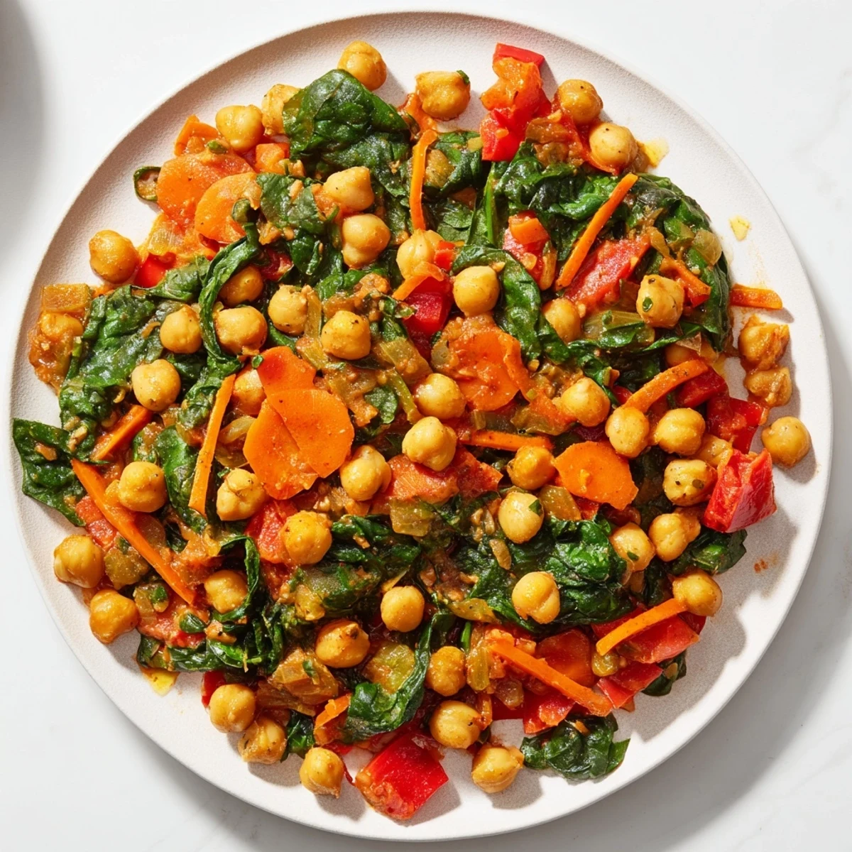 Golden, steaming Vegetarian Chickpea & Spinach Skillet, garnished with vibrant parsley, perfect for dinner.