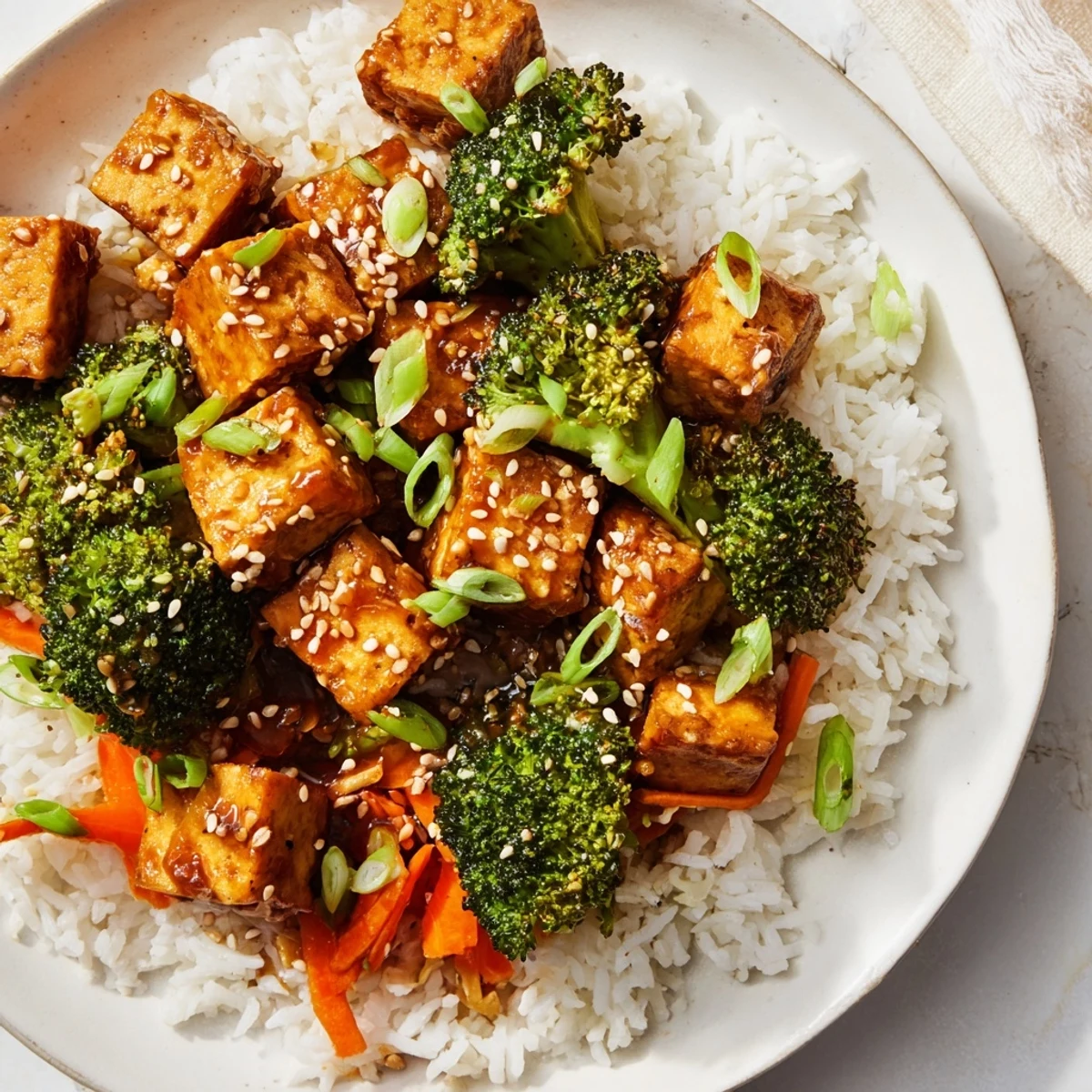Golden-brown sesame tofu & broccoli, crispy and delicious, atop fluffy rice with savory sauce.