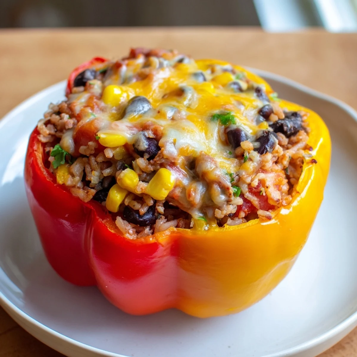 Golden-brown stuffed bell peppers, brimming with flavorful filling, baked to tender perfection, ready to serve.