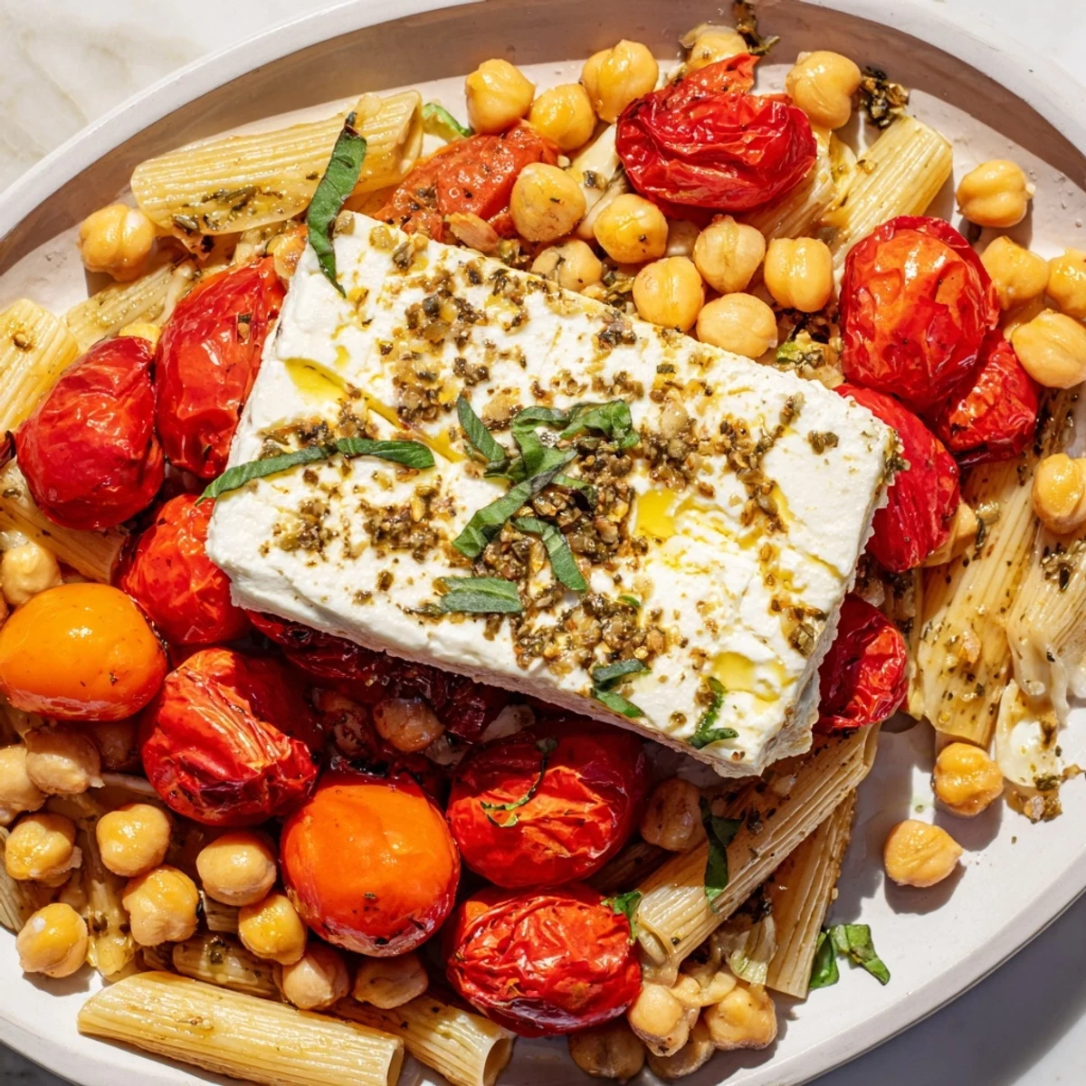 Golden-brown baked feta chickpeas & tomatoes, a flavorful Mediterranean pasta dish ready to serve.