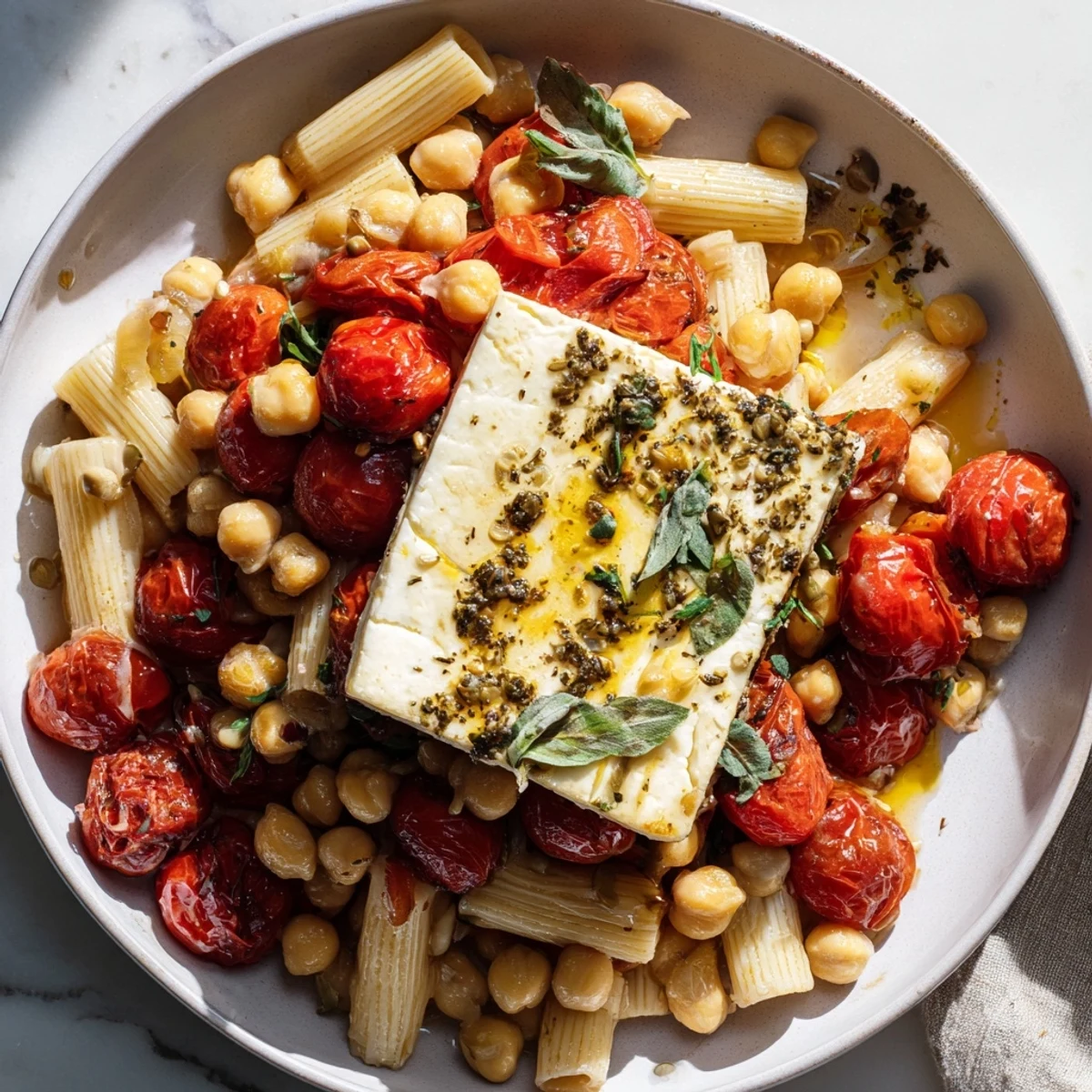 A close-up shot of creamy baked feta chickpeas and tomatoes, delicious atop pasta or rice.